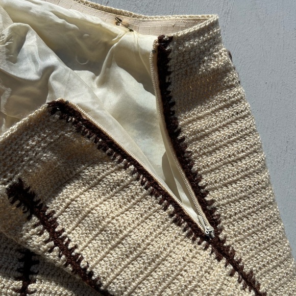 Women's Vintage Knit Weave Skirt Beige Checkered NO TAGS 60s 70s A-Line BOHO - Picture 3 of 12